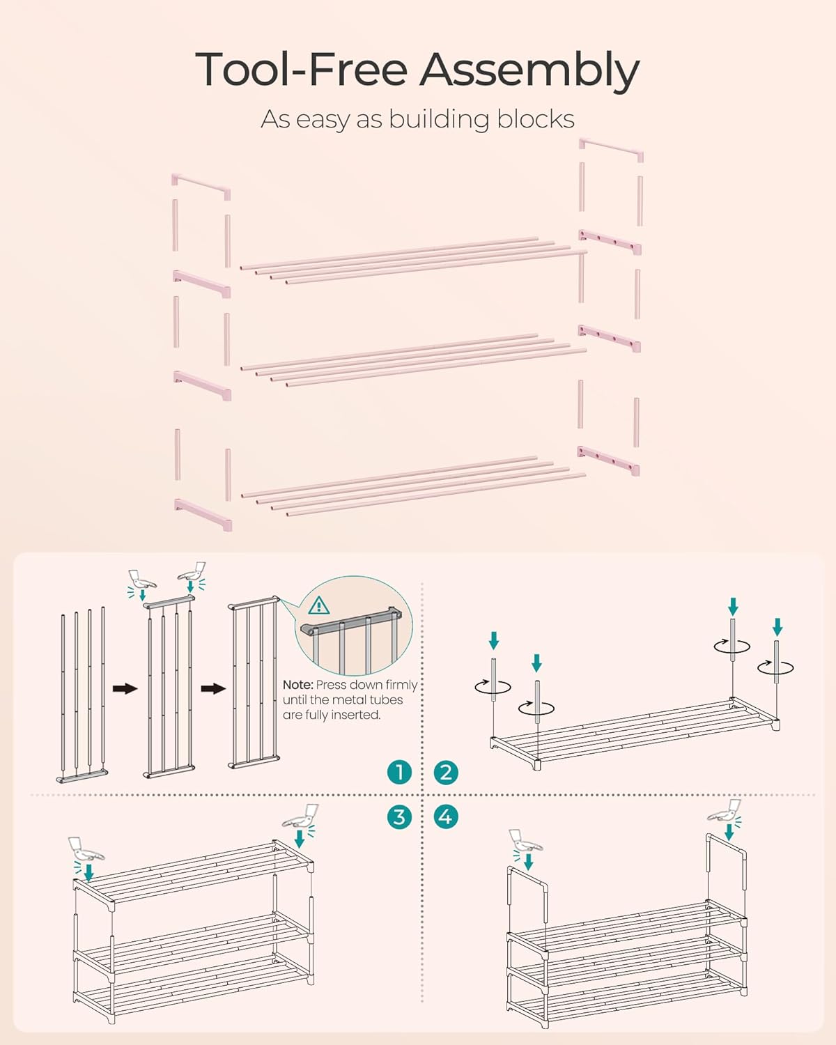 SONGMICS 3-Tier Shoe Rack - Stackable Metal Organizer for 16-20 Pairs | Jelly Pink, 11.8 x 36.2 x 21.7 Inches