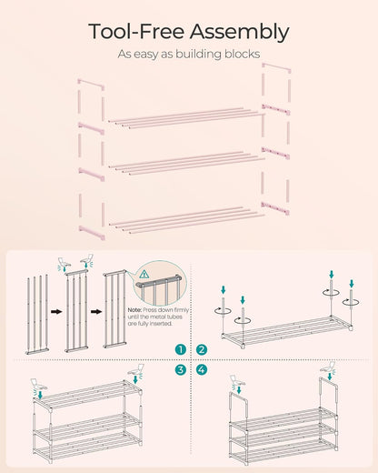 SONGMICS 3-Tier Shoe Rack - Stackable Metal Organizer for 16-20 Pairs | Jelly Pink, 11.8 x 36.2 x 21.7 Inches