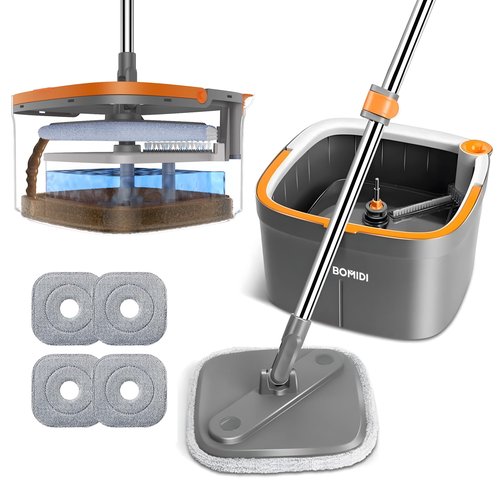 BOMIDI Spin Mop and Bucket System, Includes Dual Compartment Mop Bucket with Thick Washable Microfiber Pads for Home Cleaning (Mop Set with 4 Pads)