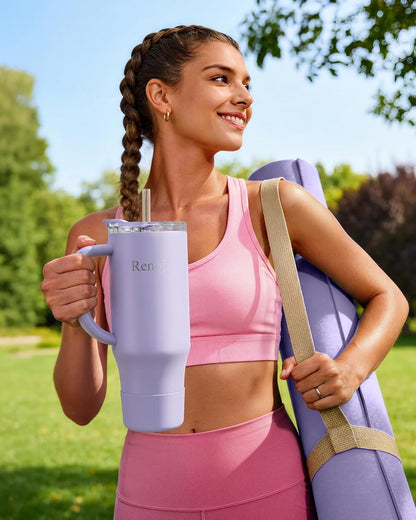 Renoj Insulated Mug | 100% Leak Proof Water Bottle for Iced Coffee & Hot Drinks - 40 oz Navy Blue with 2 Straws & Silicone Boot