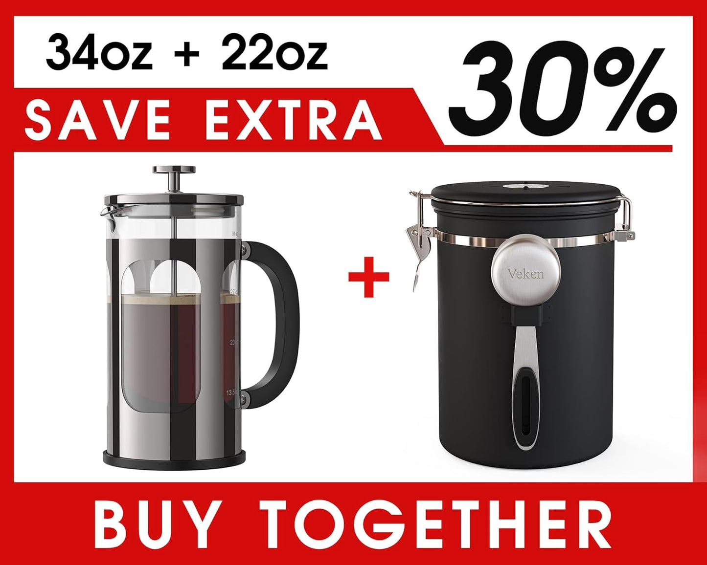 Veken 34oz Dark Pewter French Press | 22oz Black Coffee Canister Set for Perfect Brews
