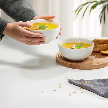 KooK Ceramic Cereal Bowls - Microwave & Dishwasher Safe Porcelain Dishes - 24 oz Marshmallow White (Set of 4)