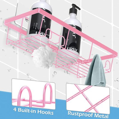 Durmmur Adhesive Shower Caddy Organizer - Rustproof Wall-Mounted Storage Shelf Rack | 2 Pack, Pink
