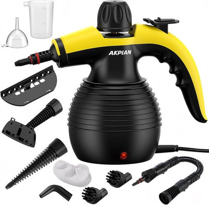 Handheld Steam Cleaner, 1050W Rapid-Heating Stainless Steel Boiler, Safety Locking Mechanism, Includes 10 Cleaning Tools, Deep Cleans Kitchens, Bathrooms, Cars, Windows, and More, Black