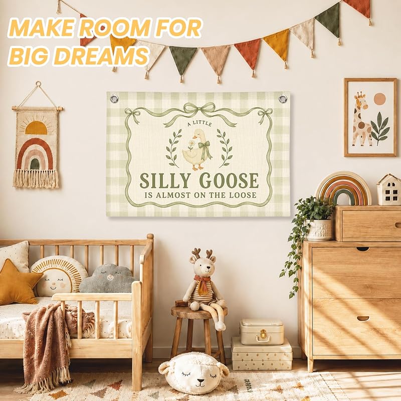 Silly Goose Baby Shower Banner - Nursery Wall Decor 30x20, sily goose green, Linen Canvas