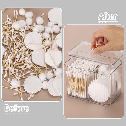 Tbestmax Qtip Holder - Clear 3-Section Bathroom Organizer Jar for Cotton Swabs & Pads | Vanity Storage
