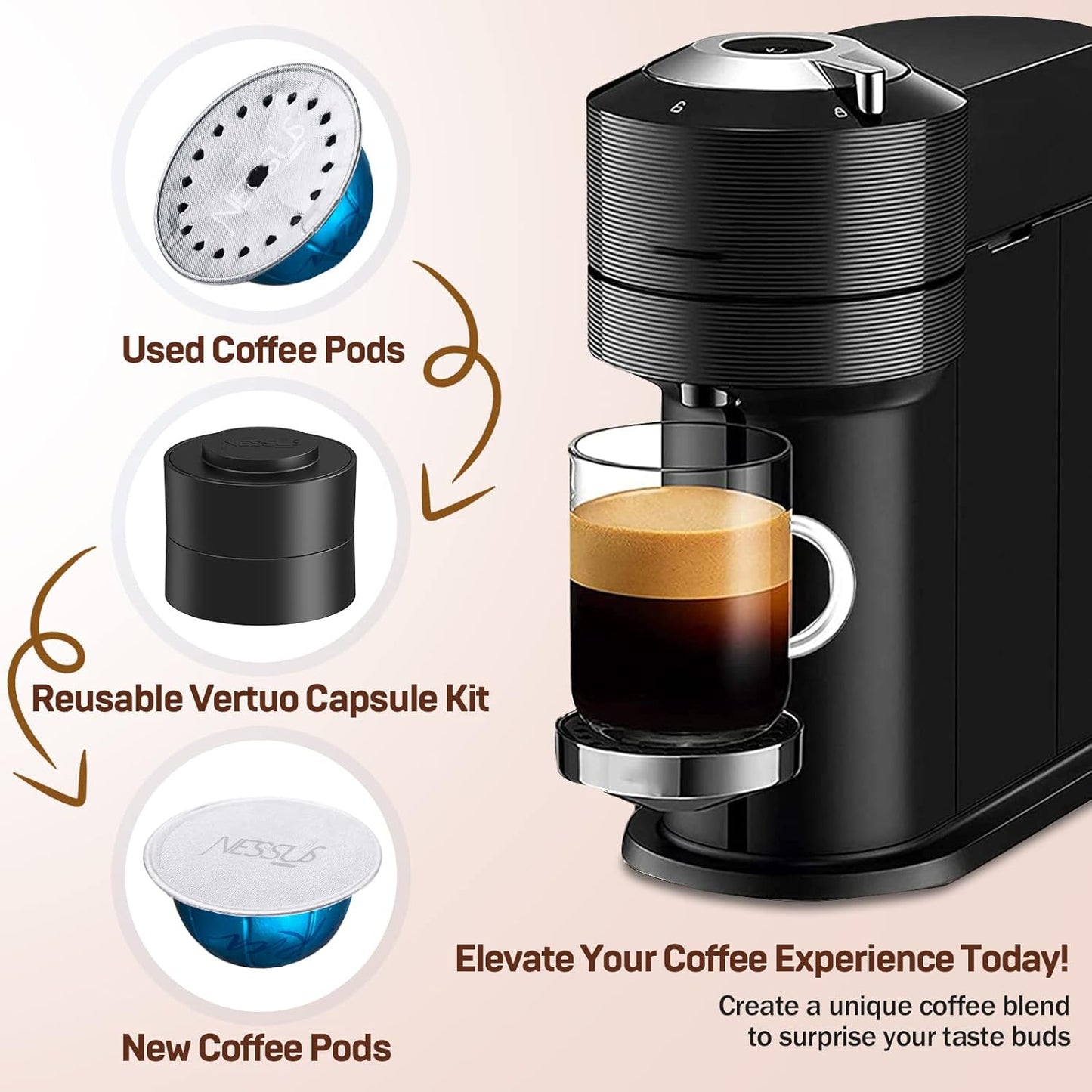 Nessus Reusable Pod Kit for Nespresso Vertuo | 100 Pcs Aluminum Foil Seals & Accessories