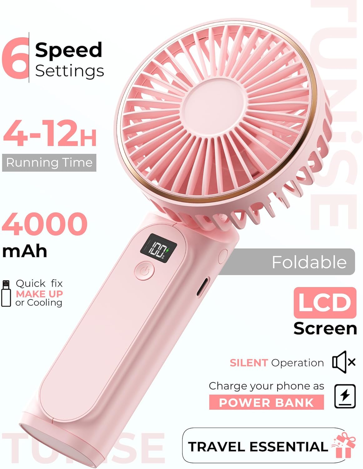 TUNISE Portable Handheld Fan - 4000mAh Battery, 6 Speed Adjustable Wind | USB Rechargeable & Foldable