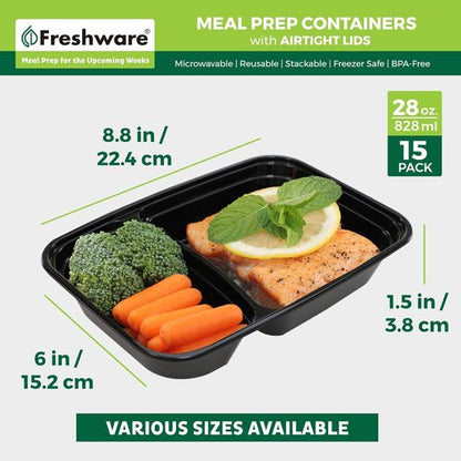 Freshware Meal Prep Containers - 15 Pack 2-Compartment Food Storage Bento Boxes | BPA-Free, Stackable, 28 oz, Black