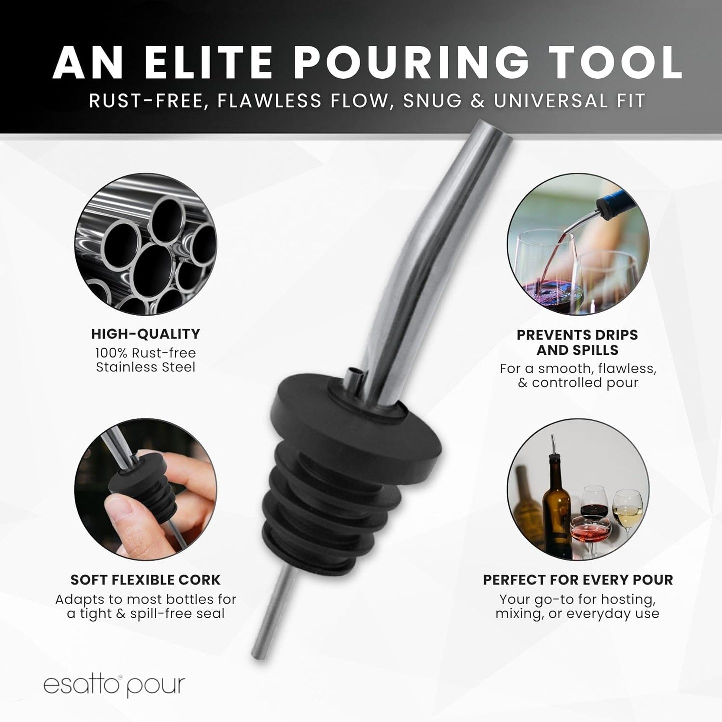 Stainless Steel Liquor Bar Bottle Pourers - Drip-Free Nozzle - Pour Spouts for Alcohol & Bartending - Universal Fit Speed Spout - Rust-Free & Easy Clean - Chrome (6 Pack)