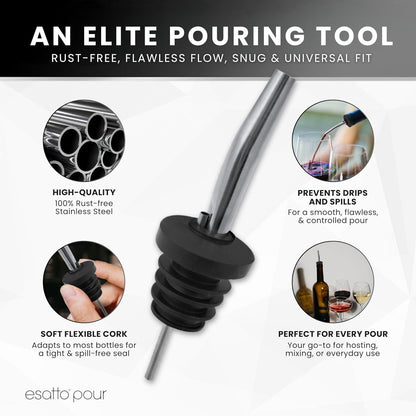 Stainless Steel Liquor Bar Bottle Pourers - Drip-Free Nozzle - Pour Spouts for Alcohol & Bartending - Universal Fit Speed Spout - Rust-Free & Easy Clean - Chrome (6 Pack)