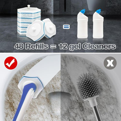JEHONN Disposable Toilet Brush Set - 48 Cleaner Refills & Wall Mounted Holder - Blue Bathroom Cleaning System