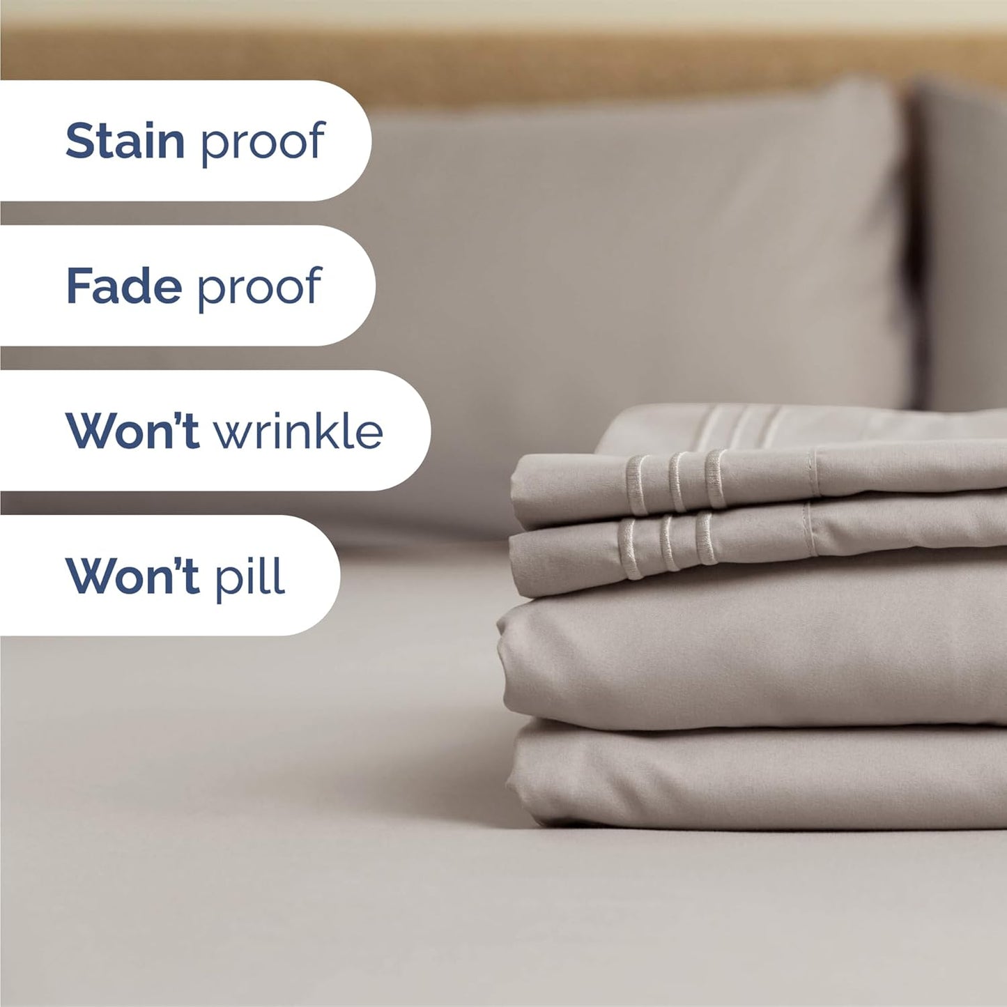 Queen Size 4-Piece Sheet Set | Skiennix Comfy Cooling Bed Sheets - Hotel Luxury, Deep Pockets, Soft & Wrinkle-Free - Light Grey