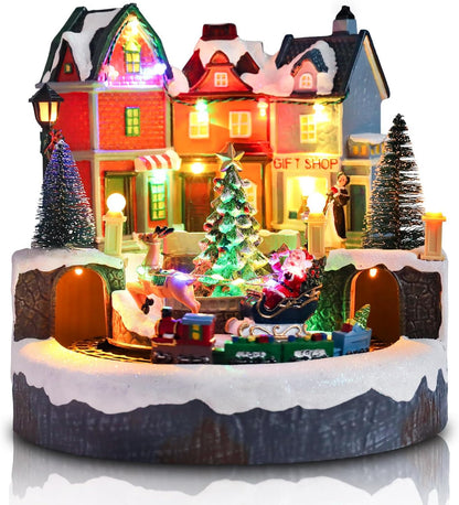 Afirst Christmas Village Houses - Lighted Collectible Figurines with Moving Train & Santa Sleigh | Musical Indoor Display
