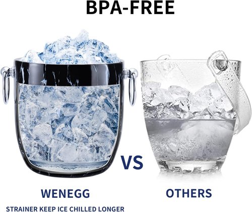 Ice Bucket with Lid, Scoop, Tongs and Strainer - Well Made Insulated Stainless Steel Keep Ice Frozen Longer - Ideal for Cocktail Bar, Parties, Chilling Wine, Champagne - 3 Liter (Black Marble)