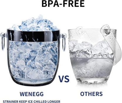 Ice Bucket with Lid, Scoop, Tongs and Strainer - Well Made Insulated Stainless Steel Keep Ice Frozen Longer - Ideal for Cocktail Bar, Parties, Chilling Wine, Champagne - 3 Liter (Black Marble)