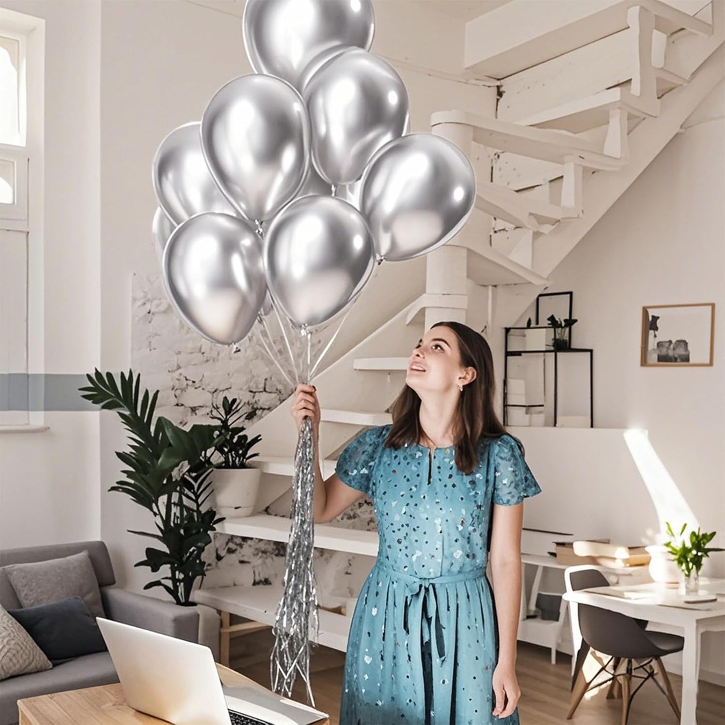 Metallic Silver Balloons by [Brand Name] - 12-Inch Latex Balloons for Birthday Party & Baby Shower | 110 Pack with Ribbons