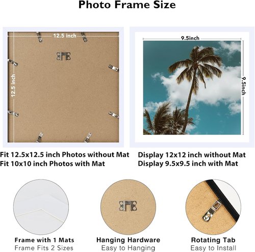 JCJMY 12.5x12.5 Picture Frame - White Vinyl Record Album Cover Display with 10x10 Mat & Plexiglass
