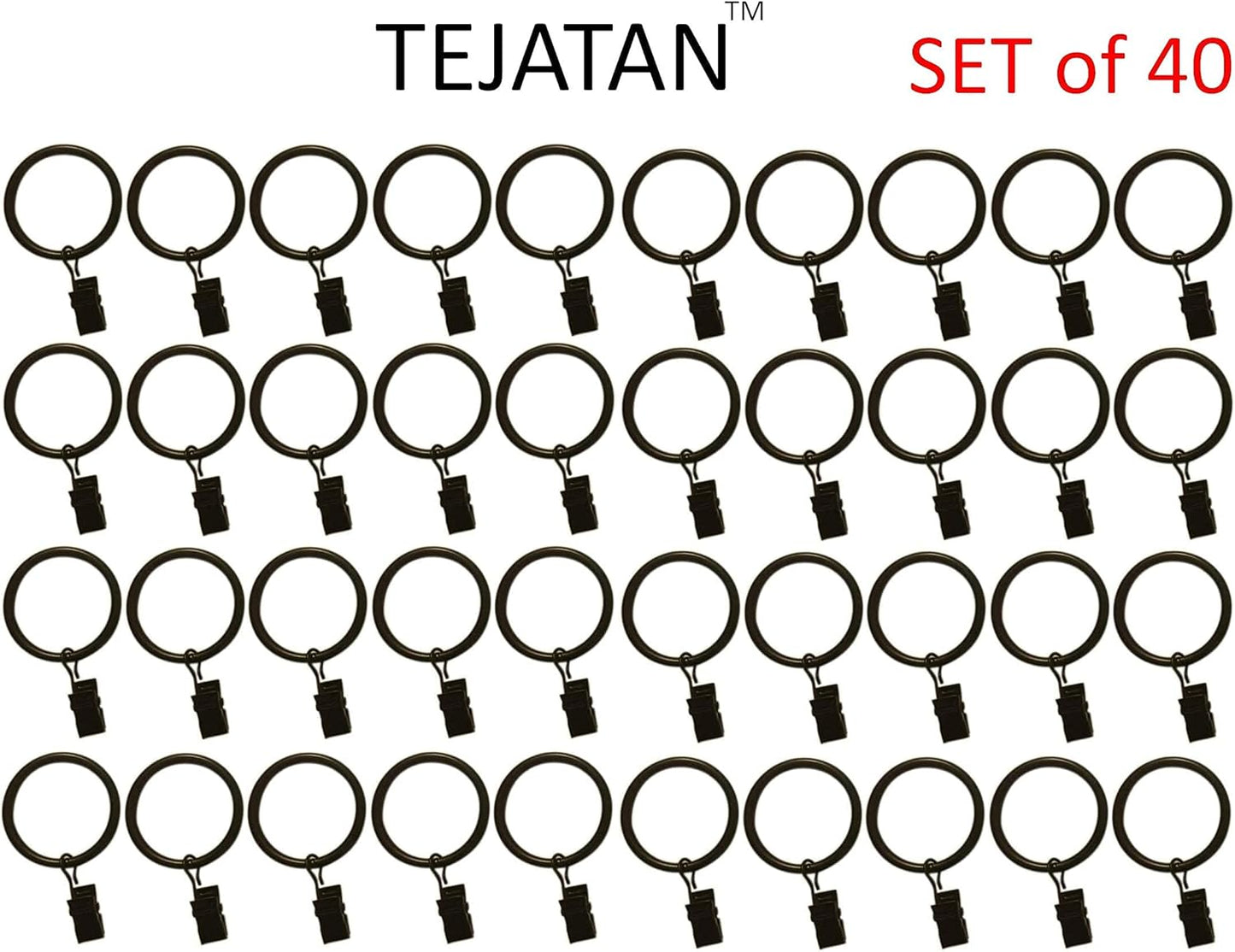 Skiennix 1.5-Inch Black Metal Curtain Rings with Clips & Eyelets - Set of 40 for Drapery