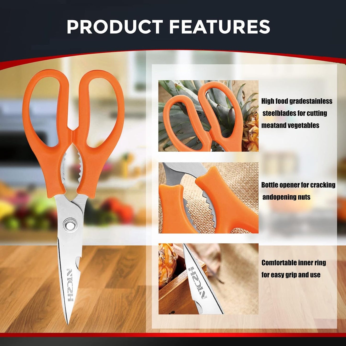 Skiennix Kitchen Shears - Multi-Function Heavy Duty Utility Scissors | Food Grade Stainless Steel, Dishwasher Safe, White