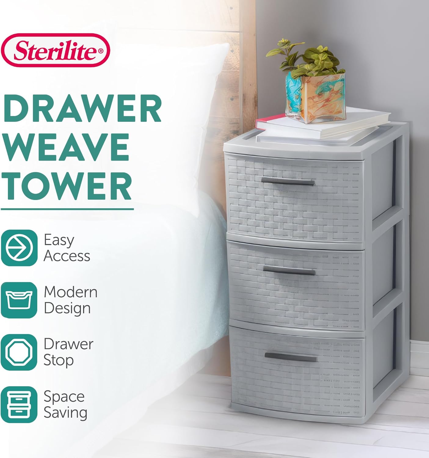 Sterilite 3 Drawer Storage Tower - Lightweight Plastic Weave Organizer in Cement | Ideal for Bedrooms, Closets, Bathrooms