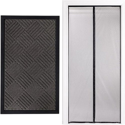 Gorilla Grip All-Season Doormat & Magnetic Screen Door Bundle - Heavy Duty Mesh, Gray Diamond, 17x29 in & 38x82 in