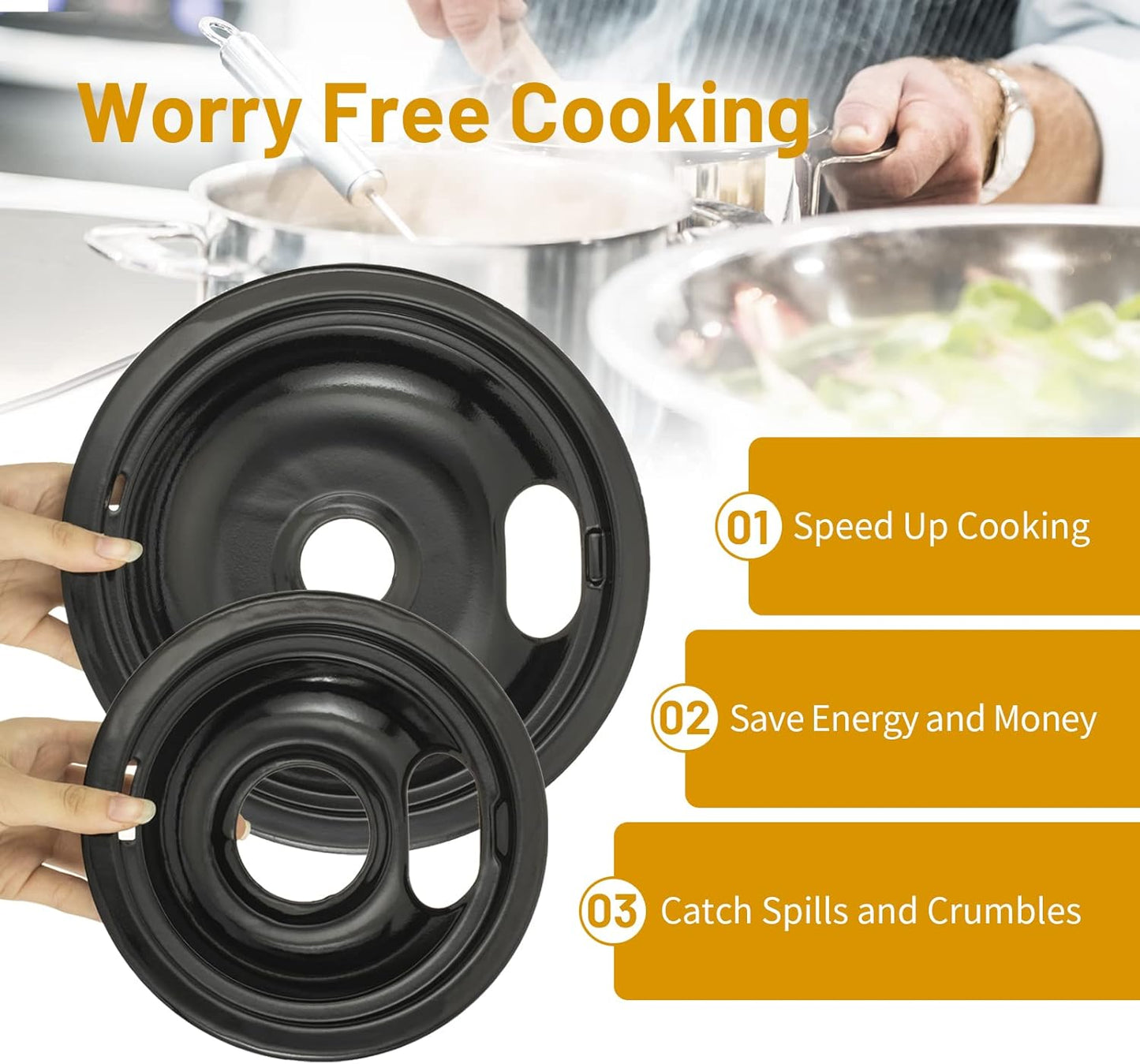 Whirlpool 4-Pack Black Drip Pans - Compatible Replacement for Kenmore Stove Tops | 2 x 6" & 2 x 8" Sizes