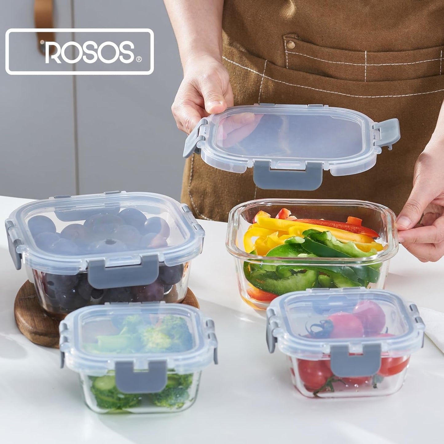 Regine Switzerland Glass Food Storage Containers - Airtight & Leak Proof, 4 Pack, BPA Free, Grey