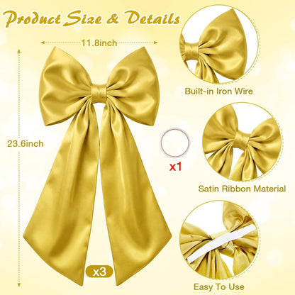Skiennix Large Gold Satin Bow Decorations - 3 Pcs 2 FT Hanging Wall Decor for Weddings & Parties