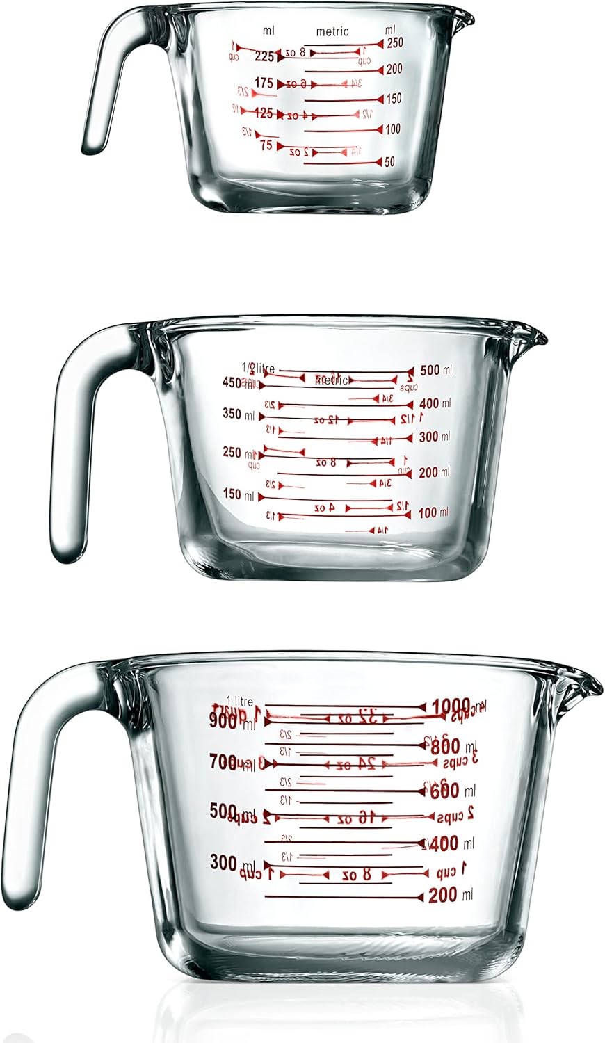 NutriChef Measuring Cups Set - BPA-Free Borosilicate Glass with Handle | Precise Measurement in 250ml, 500ml & 1000ml