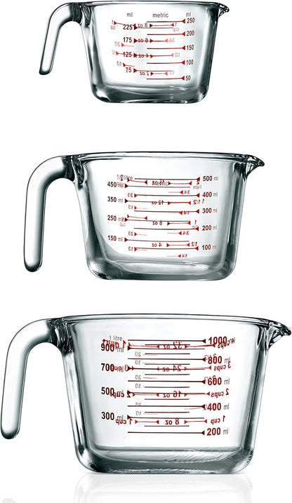 NutriChef Measuring Cups Set - BPA-Free Borosilicate Glass with Handle | Precise Measurement in 250ml, 500ml & 1000ml