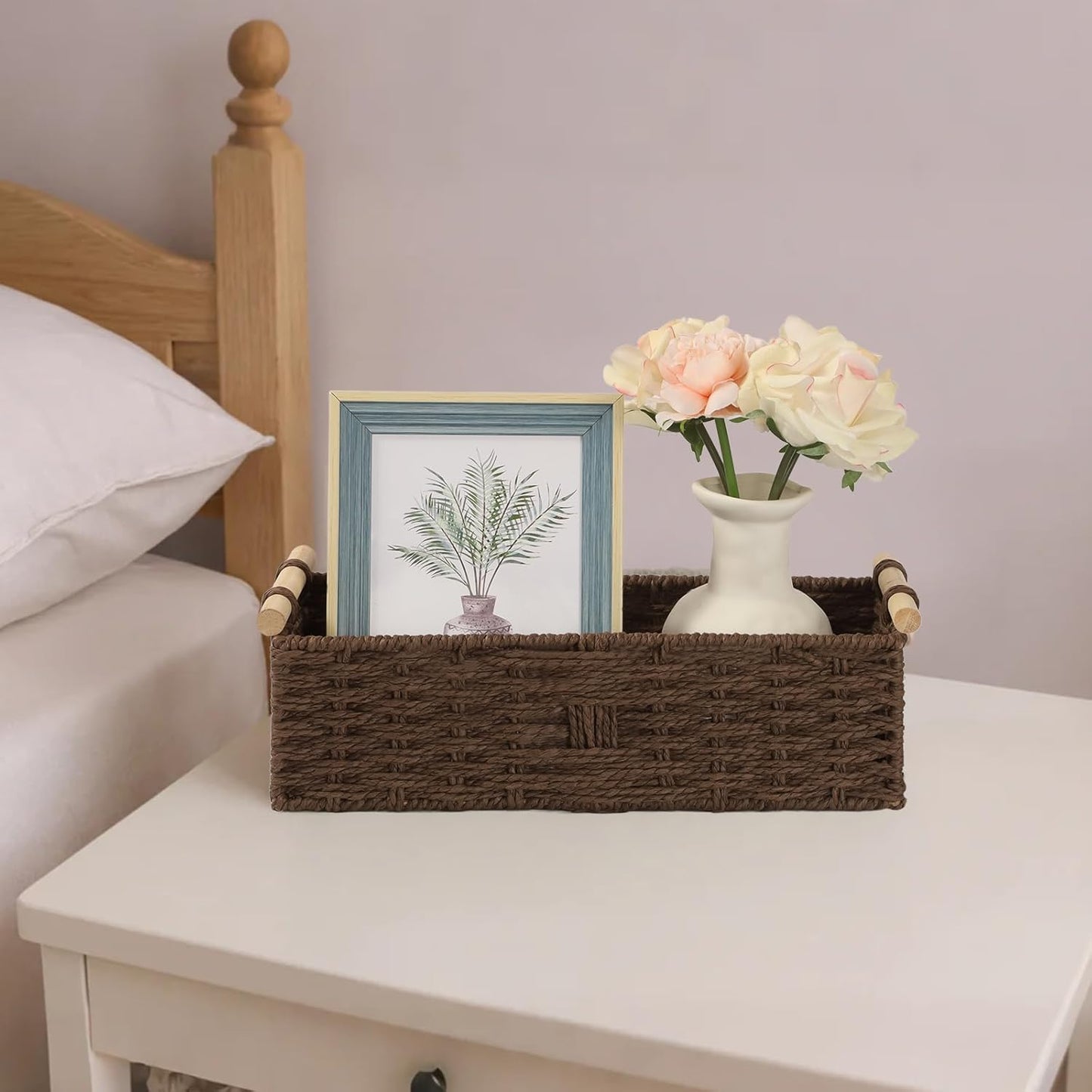 Wicker Basket | Toilet Paper Storage with Wooden Handle - Decorative Organizing Solution for Any Decor