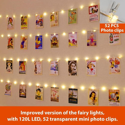 HXWEIYE 120LED Fairy String Lights - Warm White, USB Powered, Waterproof, 40Ft with Clips & Hooks | 8 Modes & Timer for Indoor/Outdoor Decor