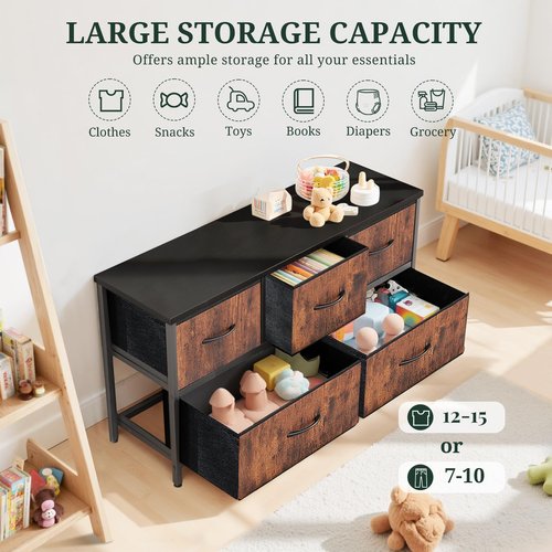 5-Drawer Dresser for Bedroom, Anti-Tip Wide Storage Organizer Fabric Chest of Drawers TV Stand for 45" TV with Wooden Top and Metal Frame for Closet, Living Room, Hallway, Entryway, Brown