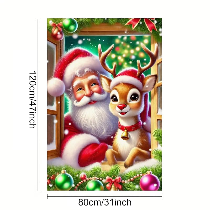 Christmas Window Cover 31x47 Inch Polyester Backdrop Banner with Santa & Rudolph