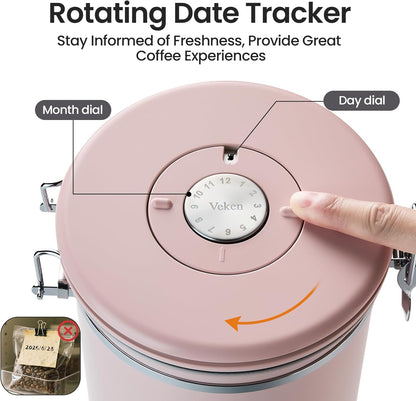 Veken Coffee Canister - 39oz Airtight Stainless Steel Storage for 2.2lbs Coffee, Sugar, Tea | Pink with Date Tracker & Scoop