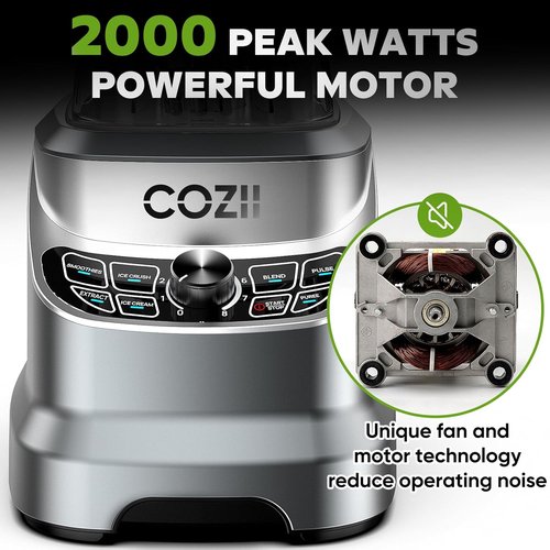 COZII 2000W Professional Kitchen Blender - Smoothies, Ice Crushing & Nut Milk | 64oz Pitcher & 21oz To-Go Cup, Dark Grey