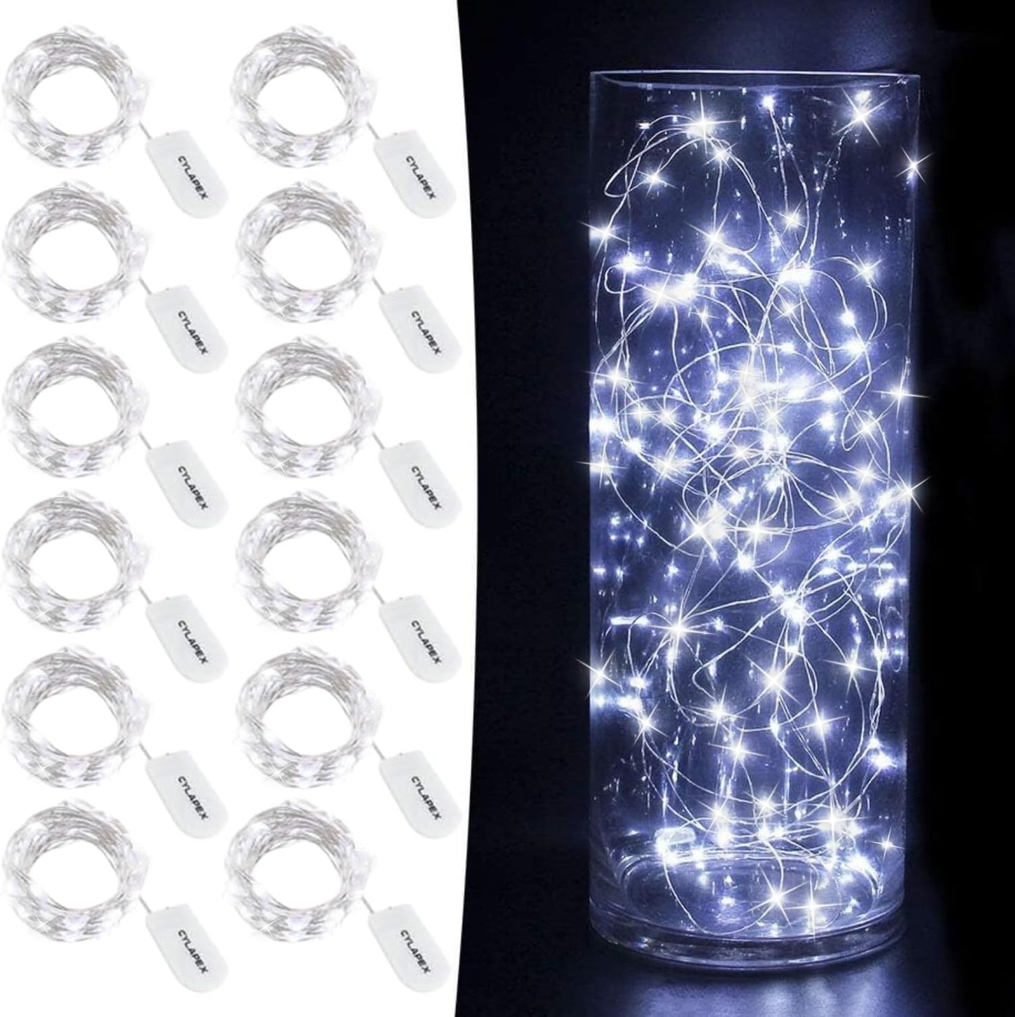 CYLAPEX 12 PCS Fairy Lights - Cool White 3.3FT Silvery Copper Wire | Battery Operated LED String Lights for Weddings & Parties
