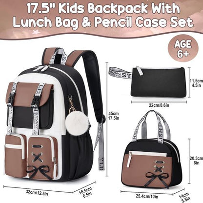Fimibuke Girls' Backpack Set - 3 PCS Waterproof Backpack with Lunch Box & Pencil Case | Ideal for School, All Ages