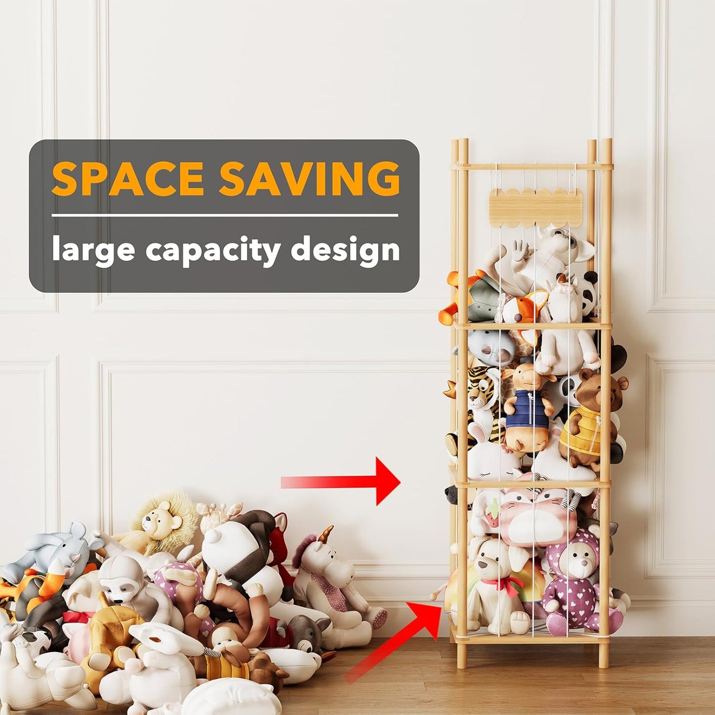 SpaceAid Stuffed Animal Storage Organizer - Large Capacity Plush Toy Holder for Playroom | 15.8" Wide, Natural Finish