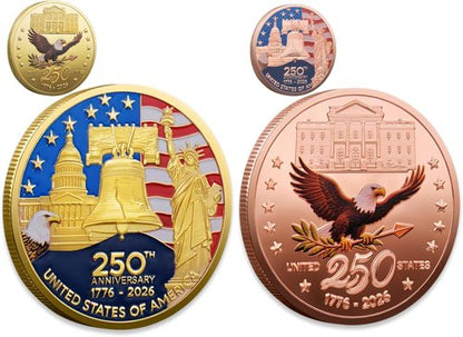 250th Anniversary Commemorative Coins - American Flag & Liberty Bell Collectible Souvenir | 1.57-Inch Durable Gold Plated Challenge Coin