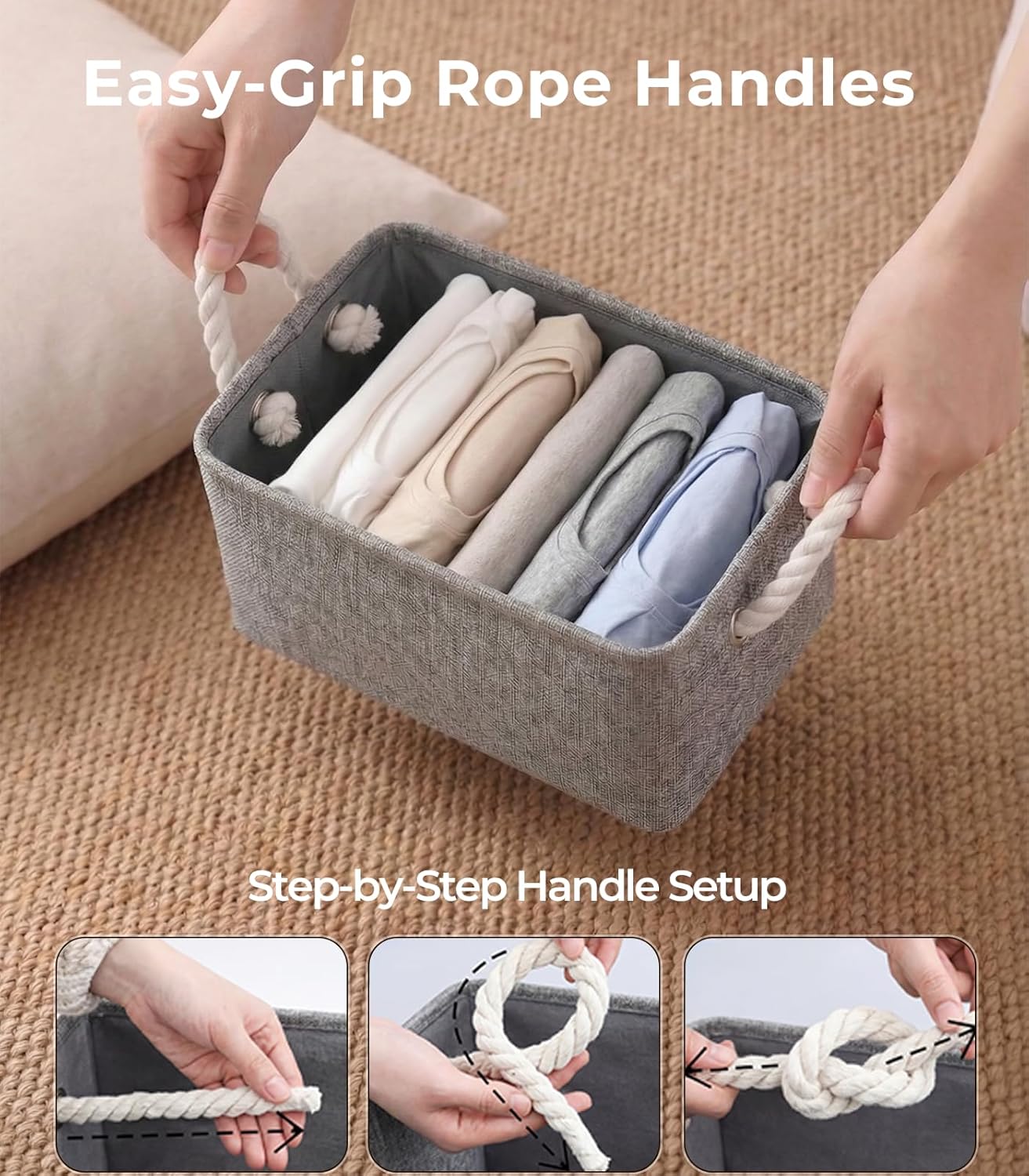 TheWarmHome Storage Bins - Grey Fabric Organizing Baskets | 11.8x7.9x5.2 Inch Closet Cubes