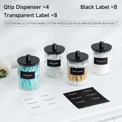 TIPGO Glass Qtip Holder Dispenser - 10 oz Clear Apothecary Jar for Cotton Swabs & Makeup Storage | 4 Pack, Black