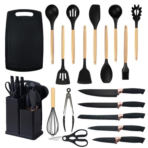 Cooking Utensils Set,19 Kitchen Set Utensils Set with 11 Pieces Spatula Cooking Utensils,Heat Resistant Silicone Utensils 6 Piece Sharp Knife Set 2 Pieces Utensil Cutting Board (Black 19 PCS Set)