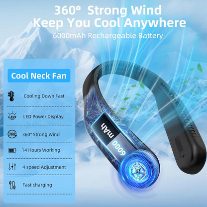 Skiennix Portable Neck Fan - Hands-Free Bladeless Design with 360° Cooling & LED Display - USB Rechargeable, 6000mAh Battery (Black)