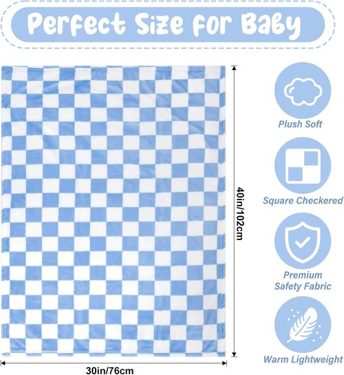 GreatBba Plush Checkered Baby Blanket - Warm Chenille Fleece for Infants | 30" x 40" - Blue & White