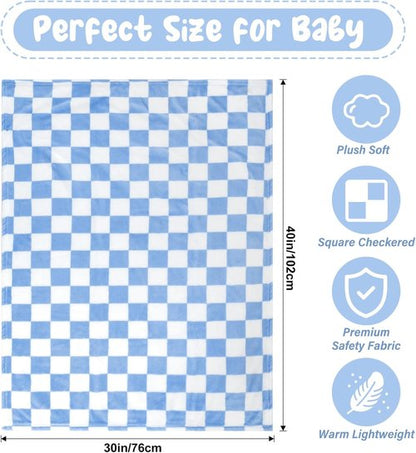 GreatBba Plush Checkered Baby Blanket - Warm Chenille Fleece for Infants | 30" x 40" - Blue & White