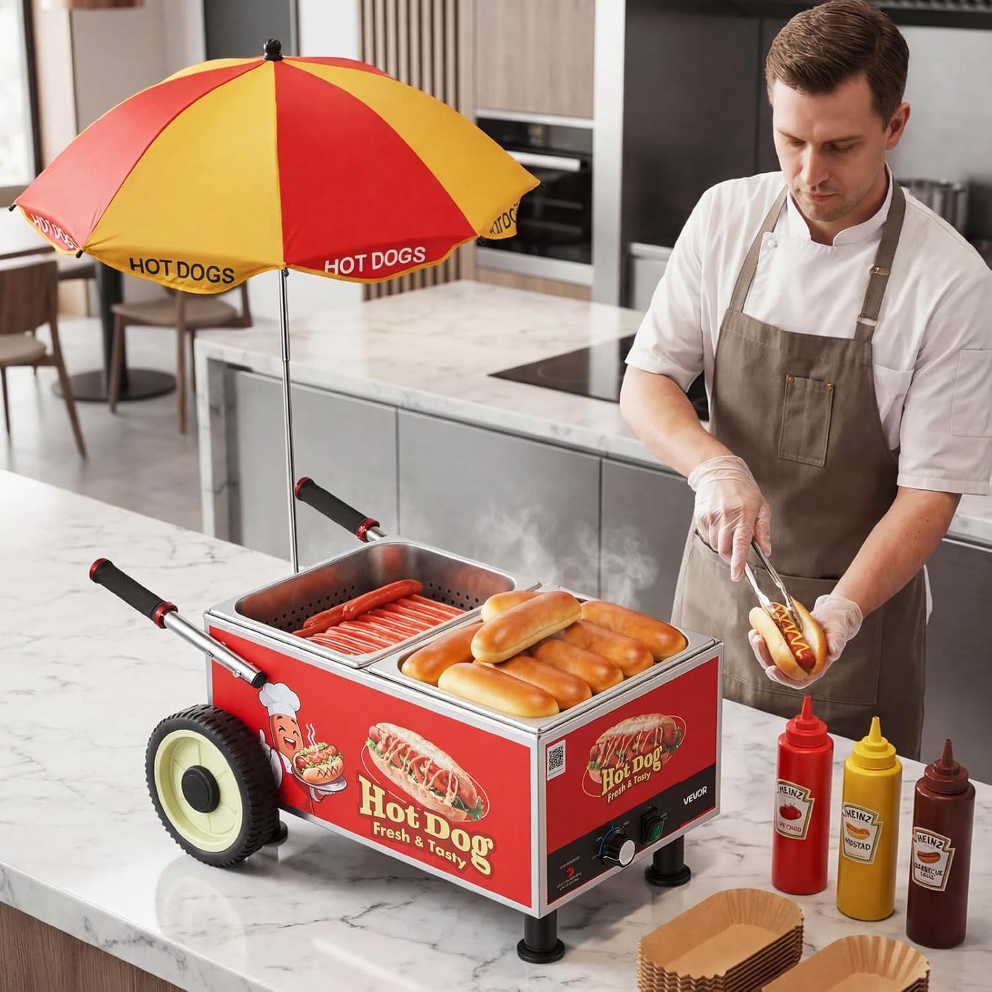 VEVOR Hot Dog Steamer Cart - 1200W Electric Stainless Steel Machine with Adjustable Temp & Portable Design