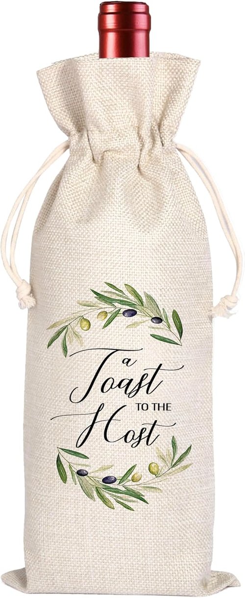 A Toast For the Host Wine Bag, Housewarming, Party Decor, Bridal Shower, Gift for Her, Hostess, Wedding, Girls Night, Holiday, Thank you Gift (Beige01, 13.5 x 5.5Inches)