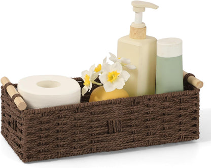 Wicker Basket | Toilet Paper Storage with Wooden Handle - Decorative Organizing Solution for Any Decor